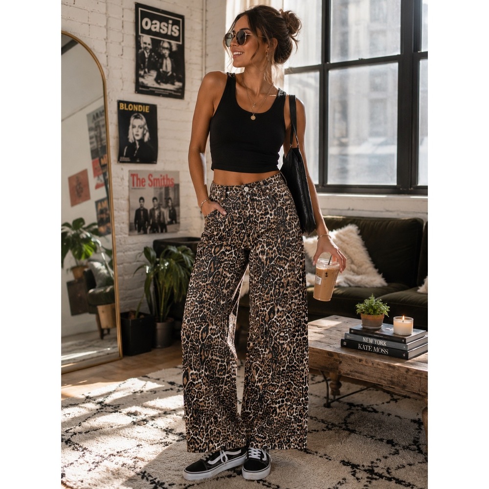 Leopard Print Wide Leg Pants in Brown